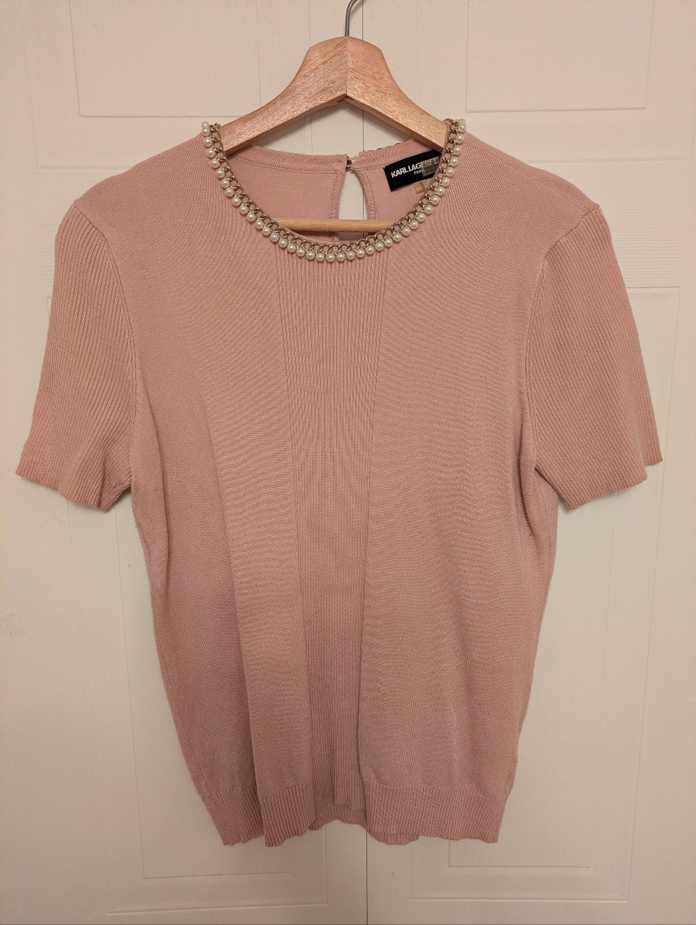 Karl Lagerfeld Blush Pink Short-Sleeve Knit Top with Jeweled Neckline